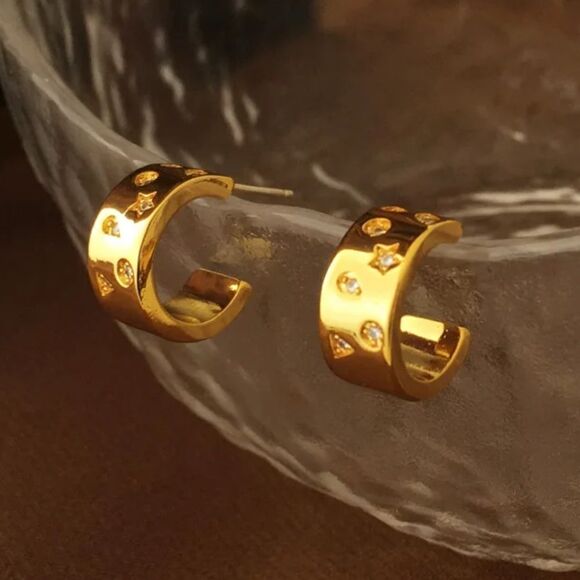 #37 Gold/925 Post Hoop Zircon Earrings - Picture 1 of 10